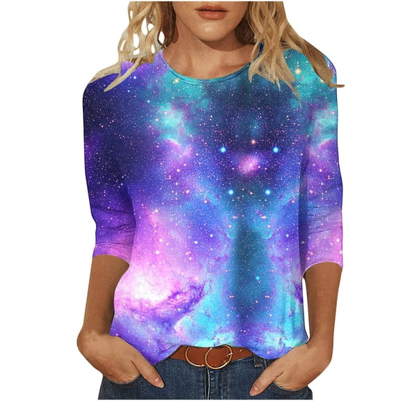 Craaazy Women's Planets Sun Universe Space Print Casual Loose Crew Neck 3/4 Sleeve Tops(S-5XL) Gifts