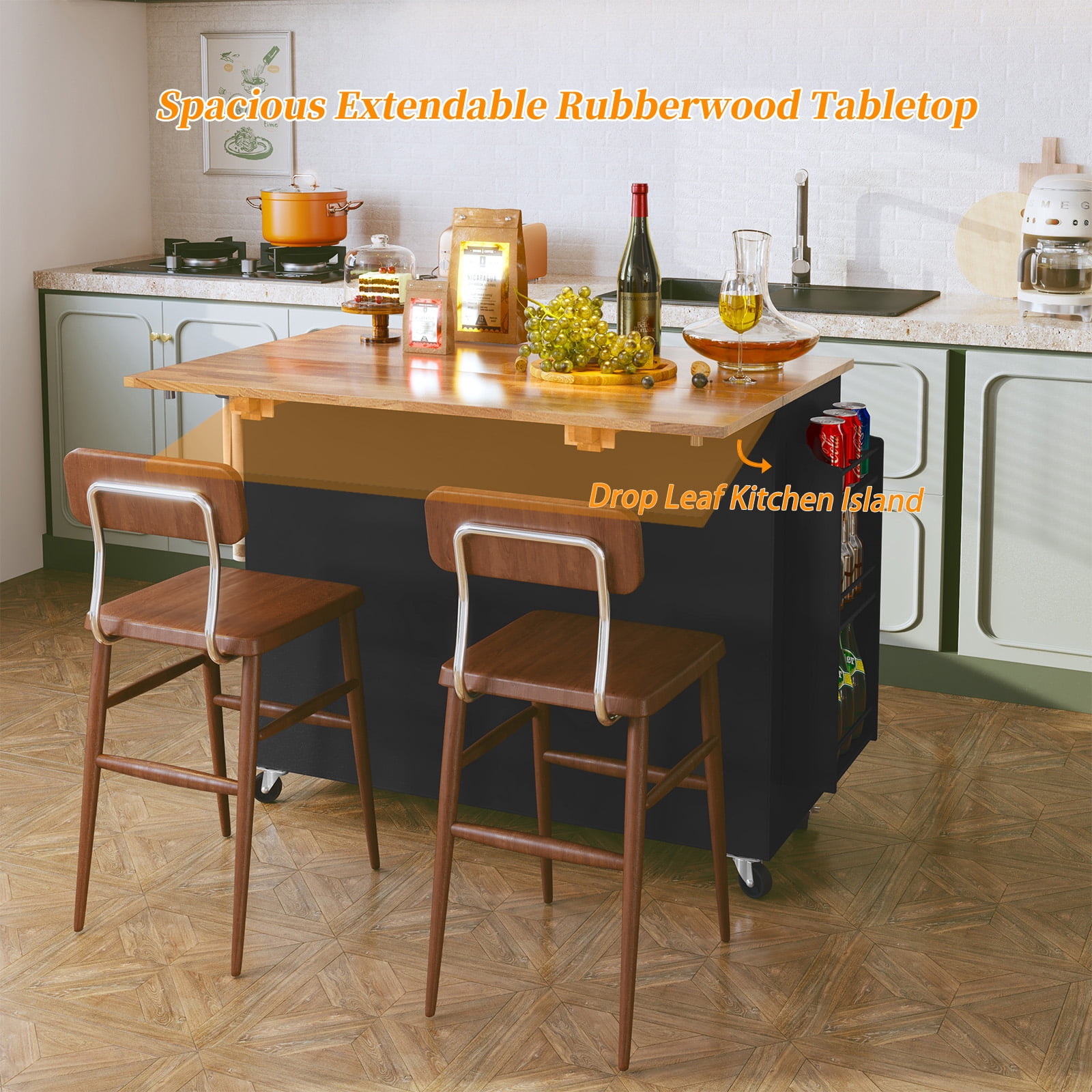 CBJCBJ 50.4" Kitchen Island with Storage, Wood Top Cart with Drop Leaf and Wheels, Black