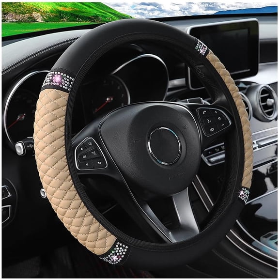 Bling  Steering Wheel Cover, 15 Inch Rhinestones Soft Leather Elastic Steering Wheel Protector, Sparkly   for Women Girls (Beige)