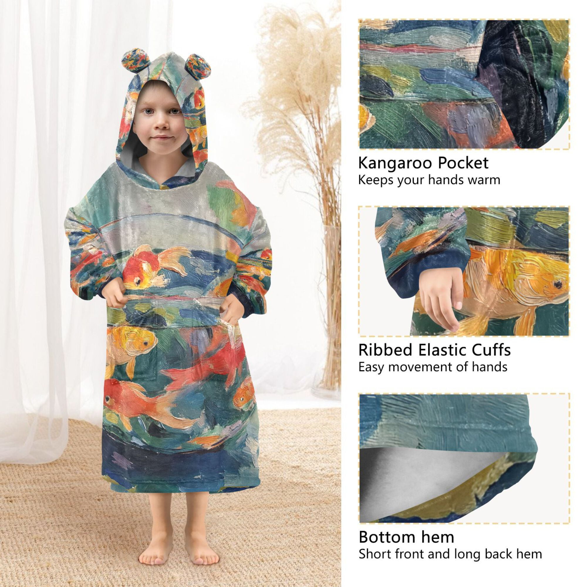 FORMRS Wearable Blanket Hoodie with Sleeves for Kids Cozy Flannel Sweatshirt, Green Goldfish