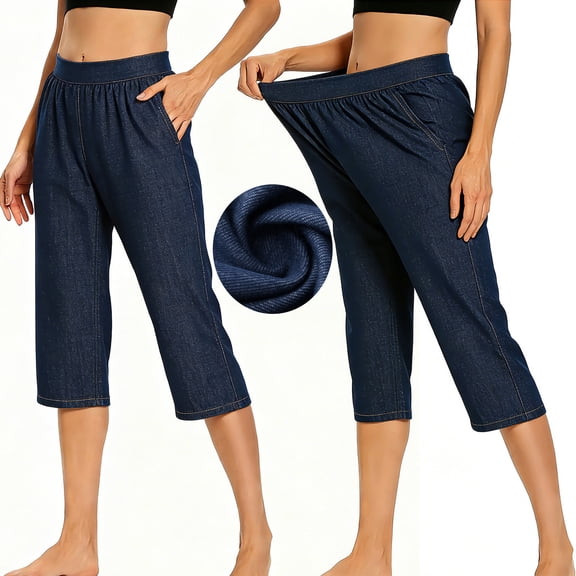 Fewfanhot Womens Pants Wide Leg High Waisted Flow Pull On Stretchy Denim Elastic Waist Pants with Pockets