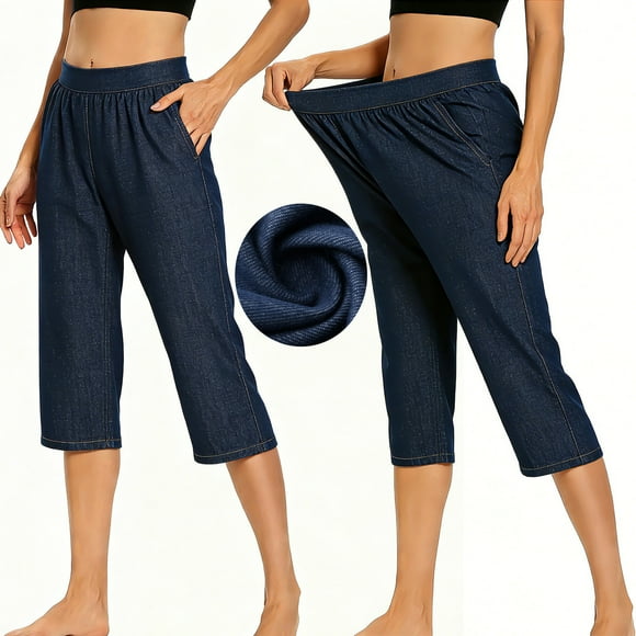 Oksale Plus Size Capri Pants for Women Loose Faux Denim Pants Casual Comfy Stretch Waisted Capris with Pockets Workout Fitness Summer Trousers Dark Blue M