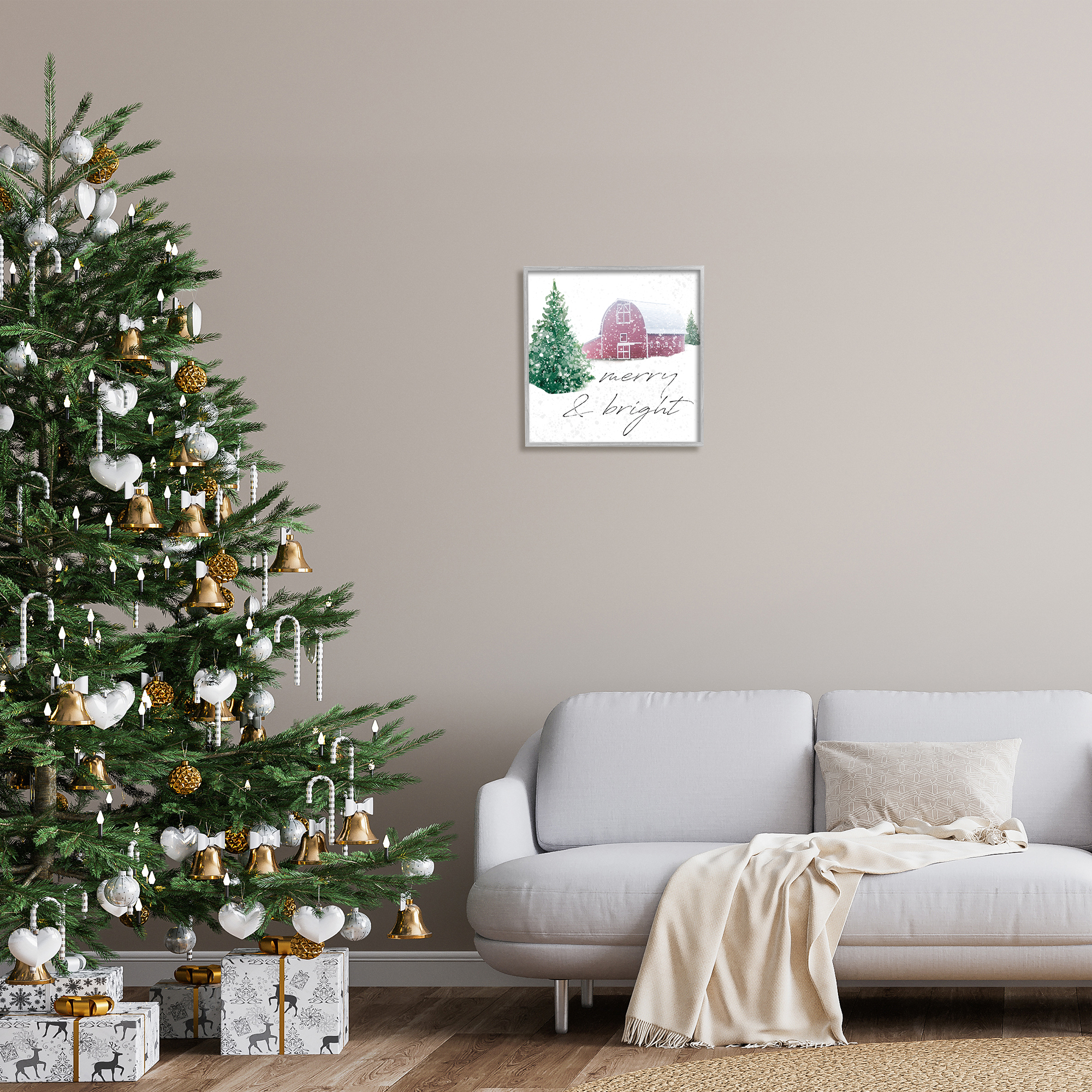 Stupell Industries Merry & Bright Snowy Barn Holiday Painting Gray Framed Art Print Wall Art, 17 x 17