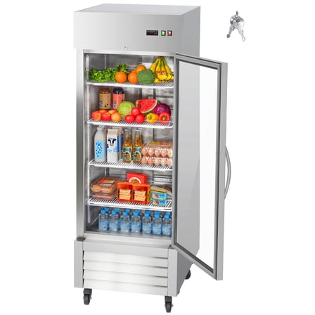 KFFKFF Commercial Stainless Steel Upright Refrigerator, 29" Wide, 22 Cu.Ft Capacity, Single Glass Door, Auto-Defrost, 4 Adjustable Shelves, Temperature Range 32-50℉, ETL Certified