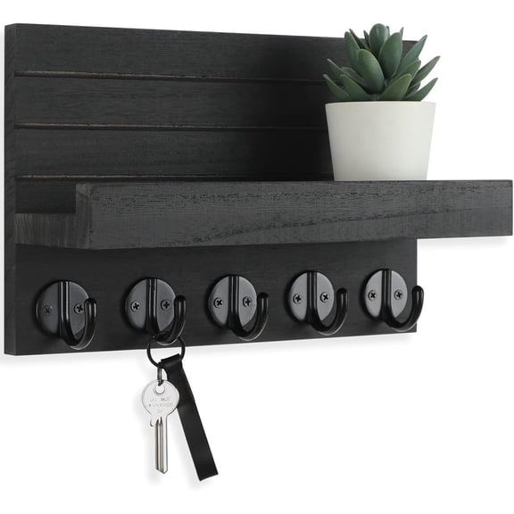 Wall Mounted Key Holder with Shelf, Decorative Mail Organizer with Large Hooks for Bags Coats Umbrella, Paulownia Wood Key Rack with Hardware