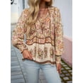 thumbnail image 2 of Women'S Casual Boho V Neck Top Loose Floral Printed Long Sleeve Beach Shirts Blouses Apricot S, 2 of 8