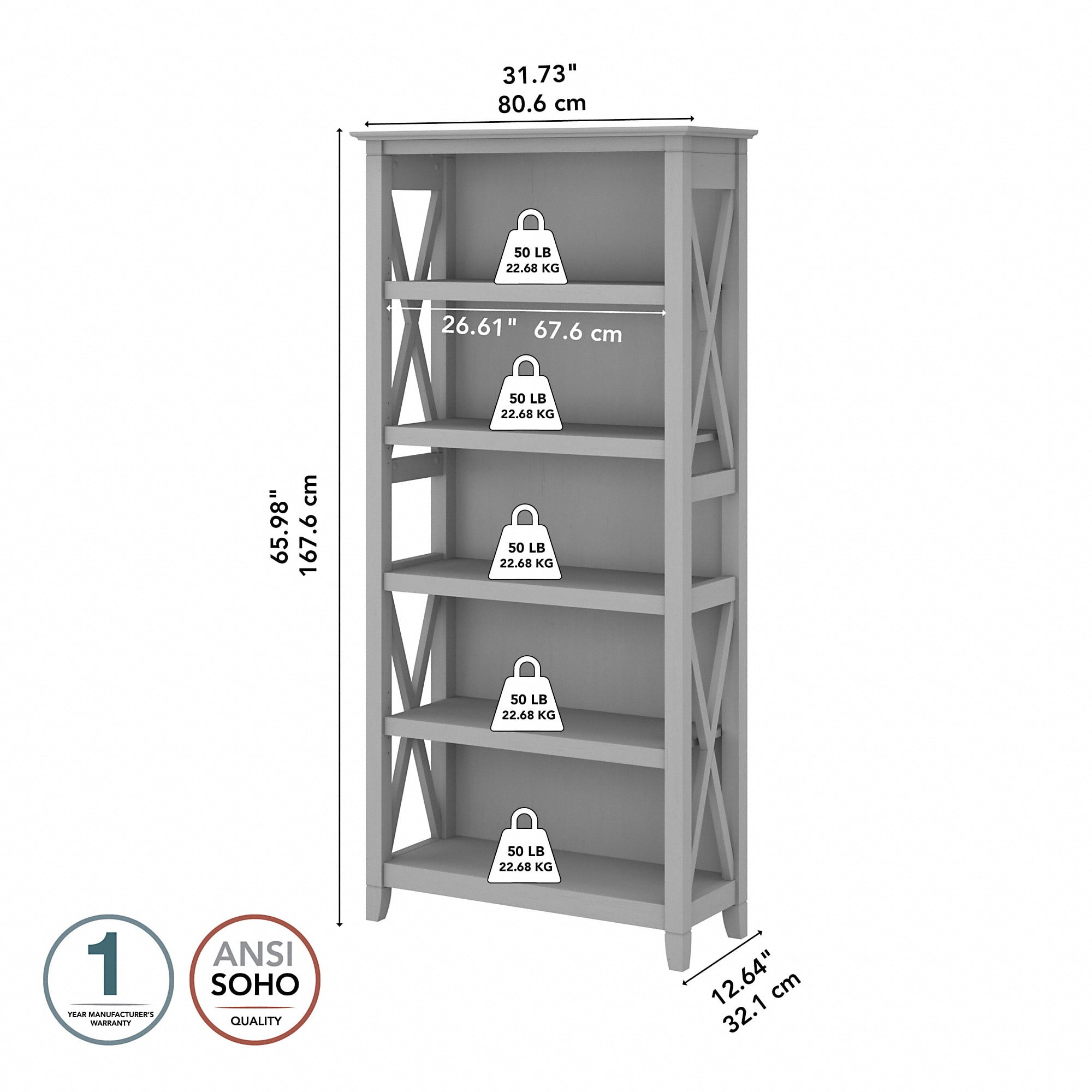 Bush Furniture Key West Tall 5 Shelf Bookcase, Cape Cod Gray