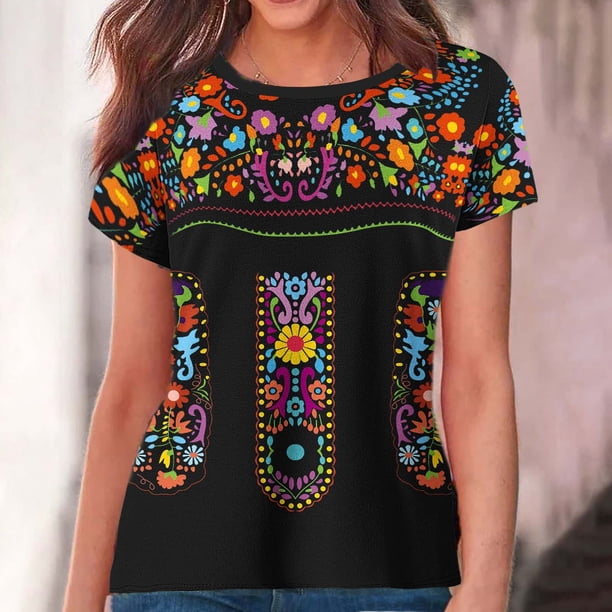 Fiudx Ofertas y Liquidaciones Top de Cuello Redondo de Manga Corta Estampado de Estilo Étnico para Mujer