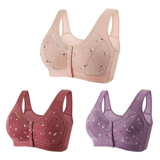 Timegard 3pc Front Closure Bras for Women Plus Size Button Full Coverage Comfort Wireless Bras with Support