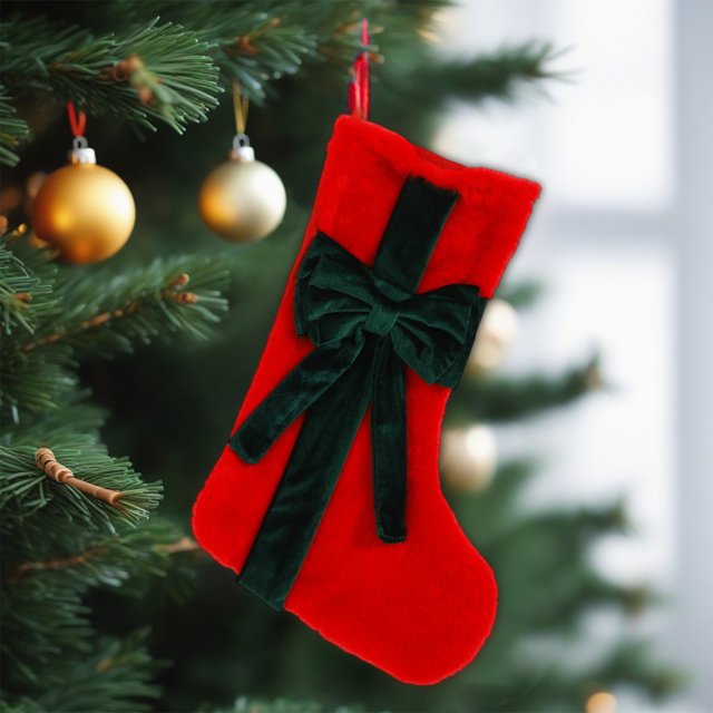 Herunwer Christmas Flocked Fabric Stocking Bow Gift Bag Crafts Fireplace Wall Hanging Decorations