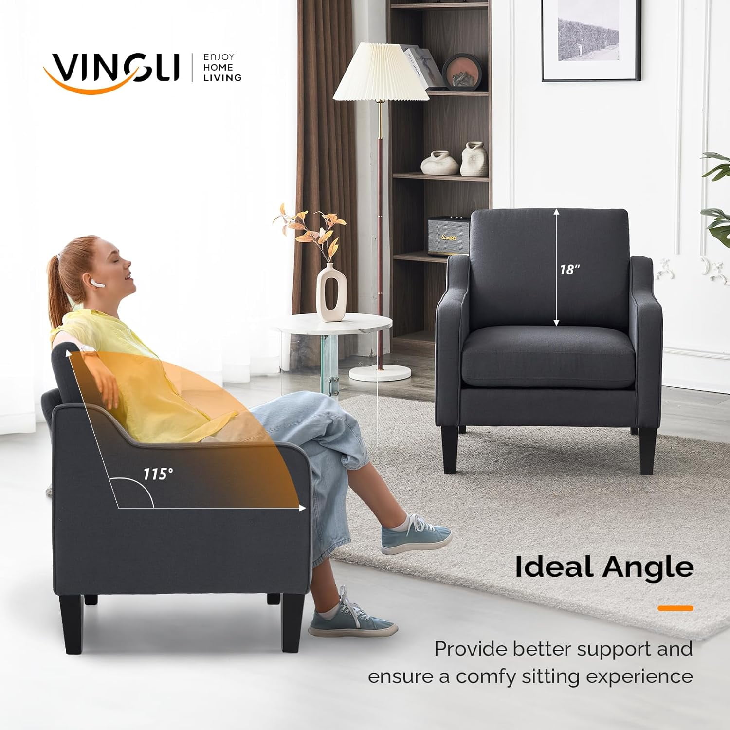 VINGLI Mid-Century Accent Chairs, Upholstered Linen Armchairs for Living Room/Bedroom, Beige (Set of 2)