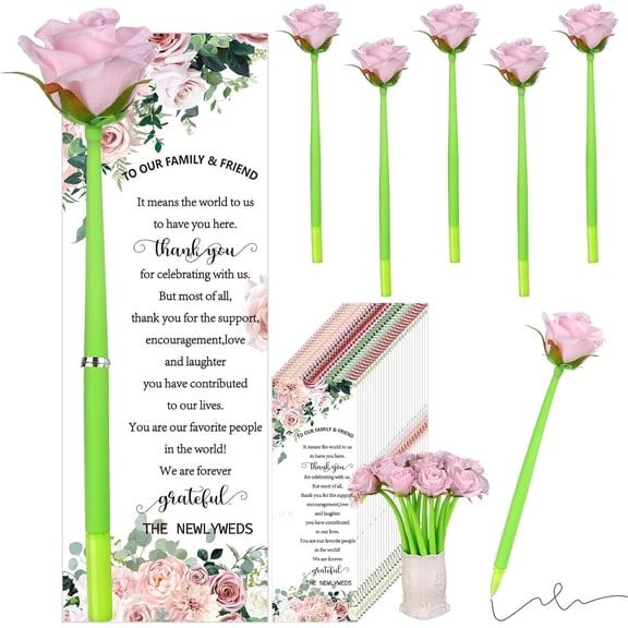 Wedding Pens Bridal Shower Pens Artificial Pink Rose Flower Ballpoint Pens Retractable Bachelorette Bulk with Thank You Card Twine for Guest Souvenir Proposal Reception Gift