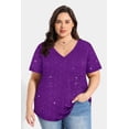 thumbnail image 2 of CASSIE LIZ Womens Plus Size Tops 2X Summer V Neck Shirts Purple Sequin Party Short Sleeve Fashion Tee Loose Fit Tunics Spring Blouses Casual Slit Hem Pullovers 2XL 18W 20W, 2 of 5
