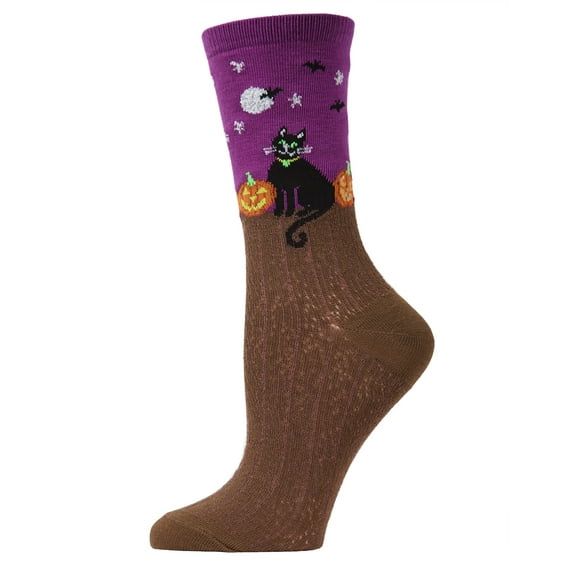 MeMoi Women's Starry Night Cat Halloween Crew Socks - Womens - Female, 9-11, Medium Gray Heather