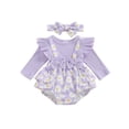 thumbnail image 2 of Aojekbee 2-Piece Baby Girls Set Bow Ruffled Trim Ribbed Daisy Print Long Sleeve Romper Headband Adorable Outfits, 2 of 10