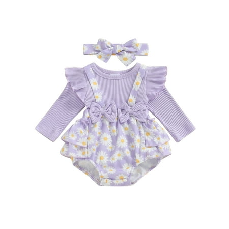 

Hirigin Baby Girls Set Bow Ruffled Trim Daisy Print Long Sleeve Romper Headband