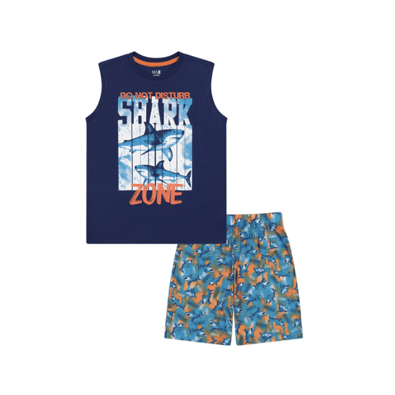 Max & Olivia Big Boys Shorts Set, Muscle Sleeve Top with Glow in the Dark Screen Print, Longer Length Print Shorts - Navy