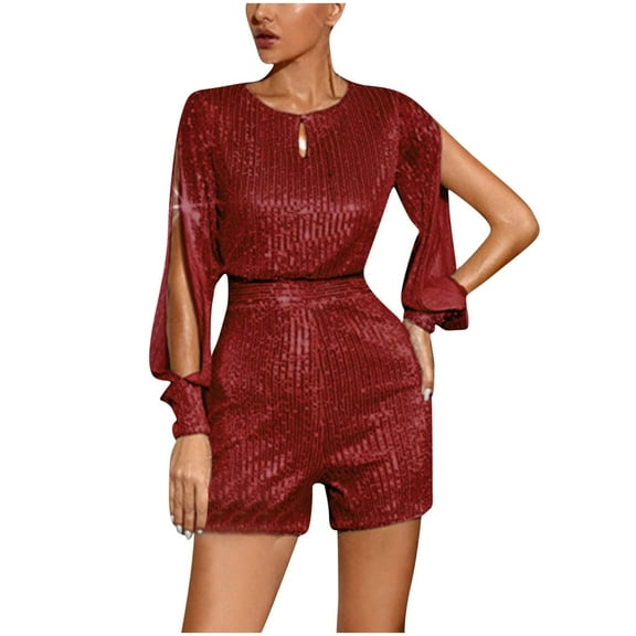 Women's Sequins Jumpsuits Crewneck Split Long Sleeve Sparkly Shorts Rompers Evening Sparkly Jumpsuits Clubwear Wine