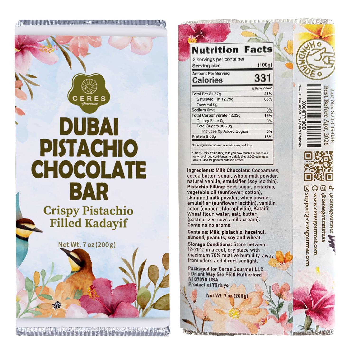 Ceres Gourmet Pistachio Chocolate Bar 7 oz – Crispy Kunafe with Pistachio Paste, Contains Hazelnuts & Milk