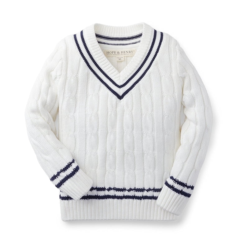Hope & Henry Boys' V-Neck Tennis Sweater (White with Navy Stripe