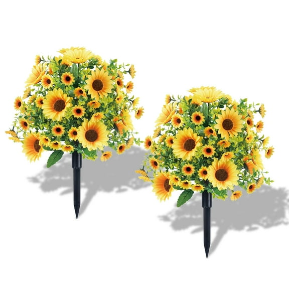 2PCS Artificial Boxwood Topiary Ball Trees with Sunflowers for Outdoor with Ground Spik, UV Resistant Faux Greenery Shrubs, Fake Boxwood Plants for Indoor, Garden, Yard, Porch, Patio Decor