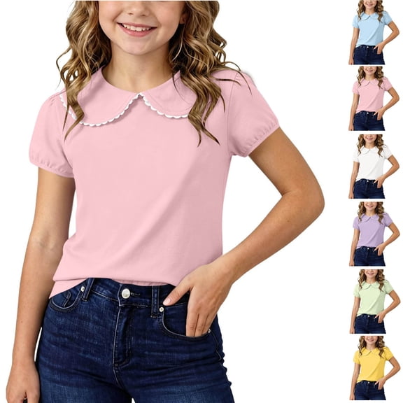 hoksml Girls Short Sleeve Peter Pan Collar Cotton Top, Kids Lace Trim Back to School Blouse