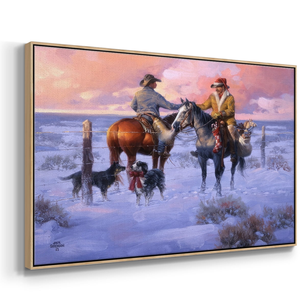 Sharin' Christmas with the Neighbors - Framed Gallery Wrapped Holiday Canvas - 25 x 37 - Natural Wood Frame