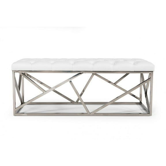 HomeRoots 48" White and Silver Upholstered Faux Leather Bench