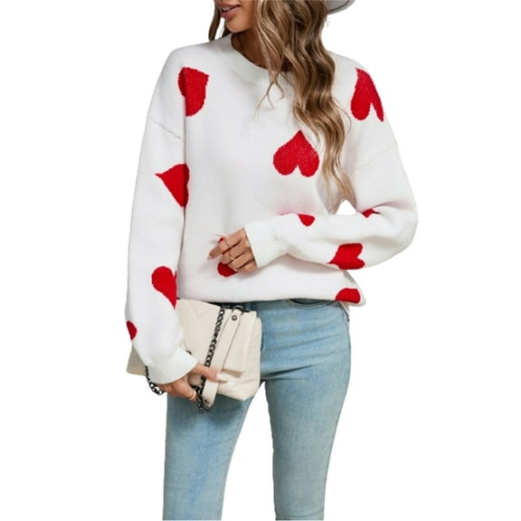 aturustex Women Valentine's Day Loose Cozy Knit Sweaters Long Sleeve Heart Pullovers Crew Neck Sweatshirts Chunky Cable Knitted Jumpers Thick Warm Kniion Daily Fall Winter Clothes Streetwear