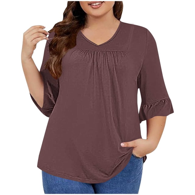 Timegard Plus Size Tops for Women V-Neck Ruched Ruffle 3/4 Sleeve Comfy Tee Shirts Casual Loose Tops