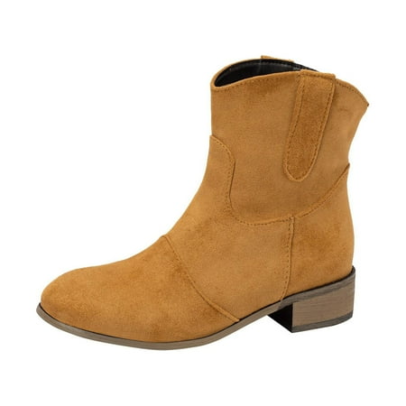 

Womens Short Booties Women s Simple And Stylish Flock Round Toe Heels Retro Solid Color Middle High Boots