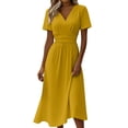thumbnail image 2 of ClodeEU Women's V Neck Short Sleeve Midi Dress,Casual High Waist A Line Flowy Dress Yellow,Women's Plus XXL, 2 of 7