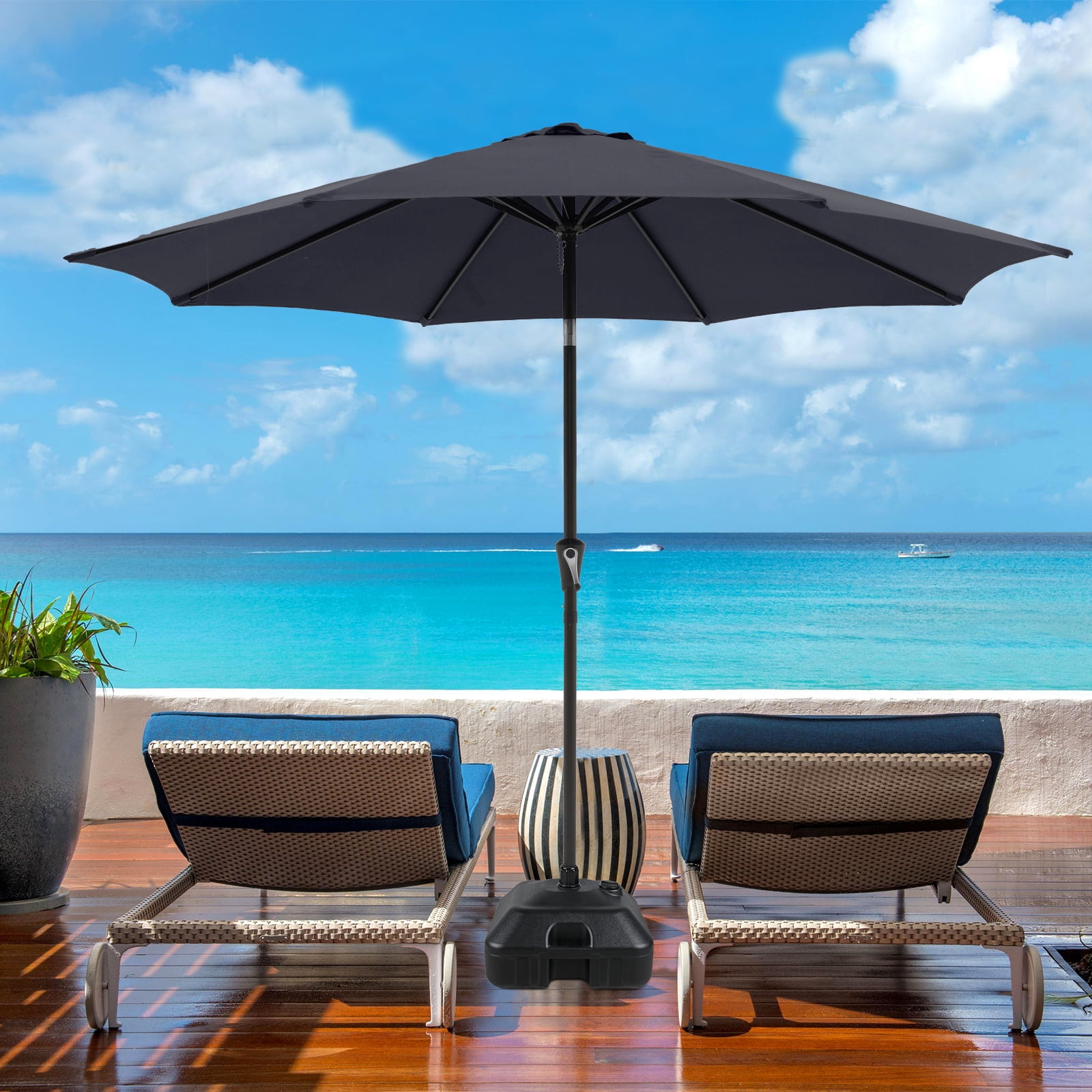 COBANA 9ft Patio Umbrella with Base Included, Outdoor Market Table Umbrella with Crank Tilt and Umbrella Stand Weights, Dark Blue