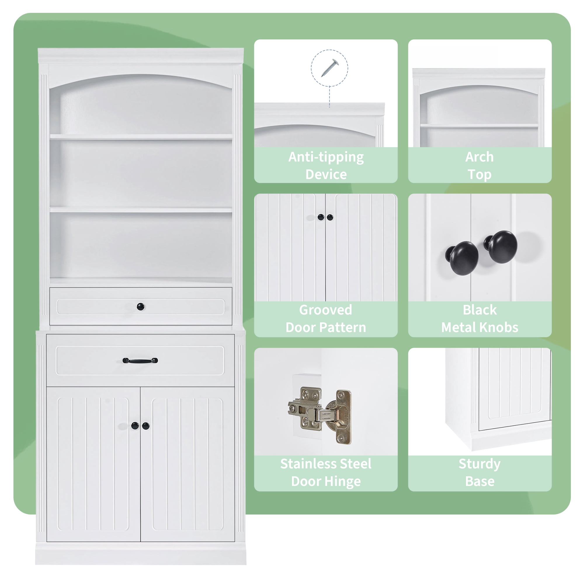 Euroco White Bathroom Storage Cabinet with Two Doors, Drawers, Adjustable Shelf & Three Open Shelves – Durable MDF Construction