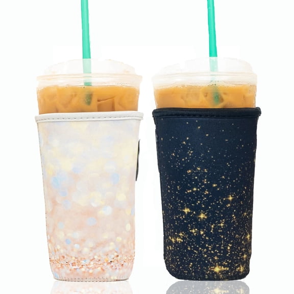 Baxendale and Co 2-Pack Large (32oz) Reusable Neoprene Insulator Sleeve for Iced Coffee or Cold Beverage Cups (Black and Gold Glitter Print)