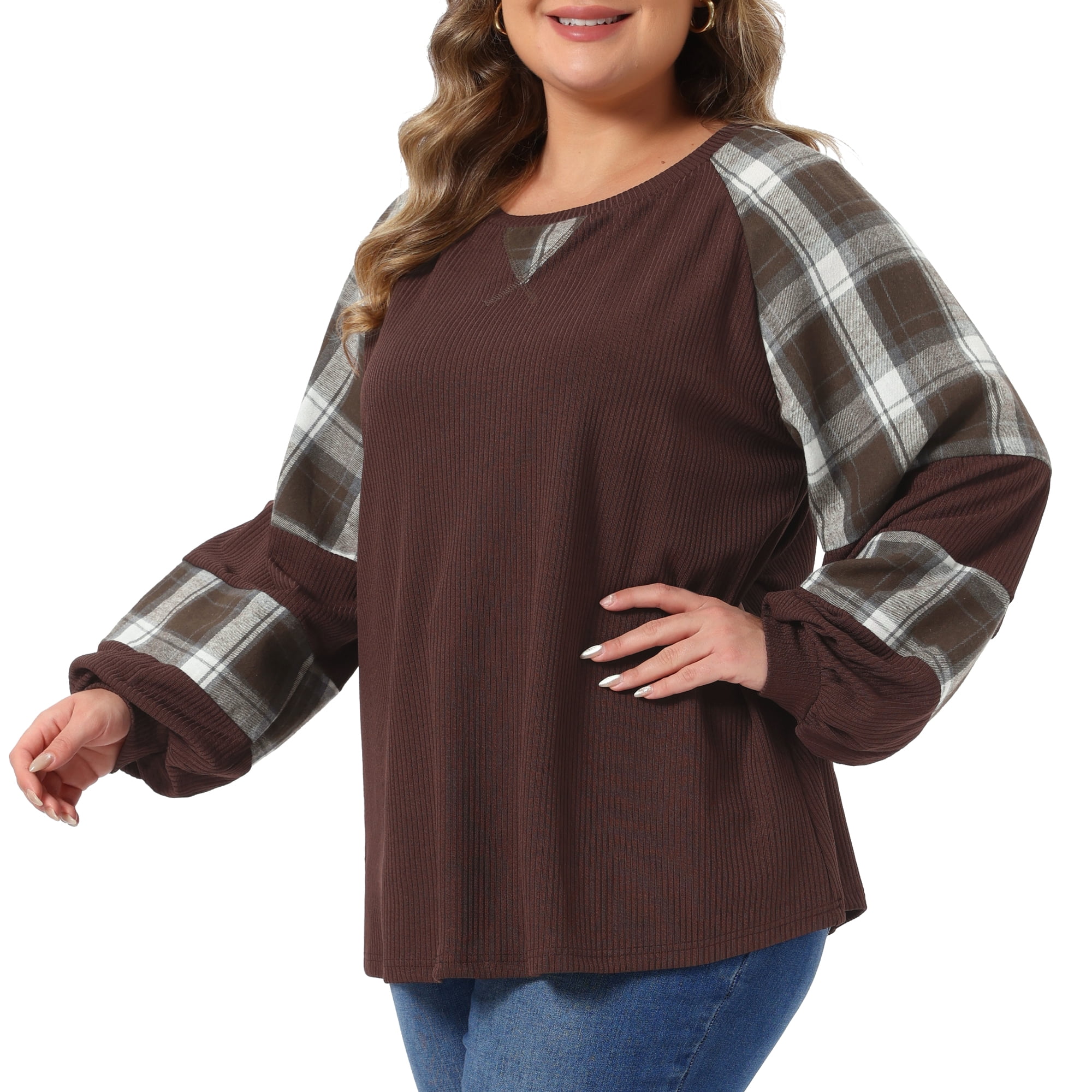DARING DIVA Women's Plus Crewneck Cable Knit Long Sleeve Shirts 1X Brown