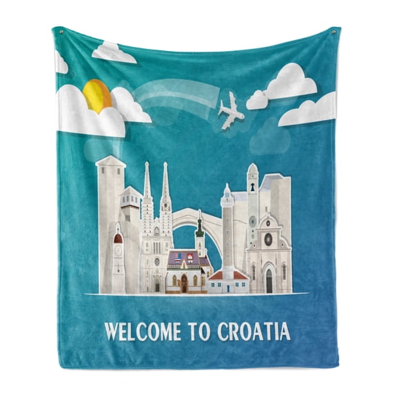 Croatia Soft Flannel Fleece Throw Blanket, Travel and Tourism Themed Illustration with Landmarks and Welcome Text, Cozy Plush for Indoor and Outdoor Use, 50" x 60", Multicolor, by Ambesonne