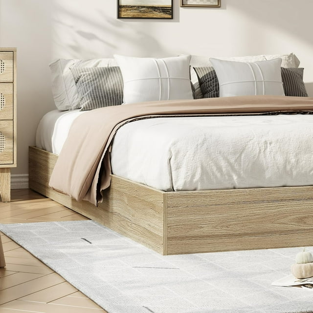 BeesClover Solid Wood Platform Bed with Sturdy Wooden Slats, Twin/Full/Queen/King Size Floor-Standing Bed Frame, Modern Minimalist Design Bed Frame, No Box Spring Needed