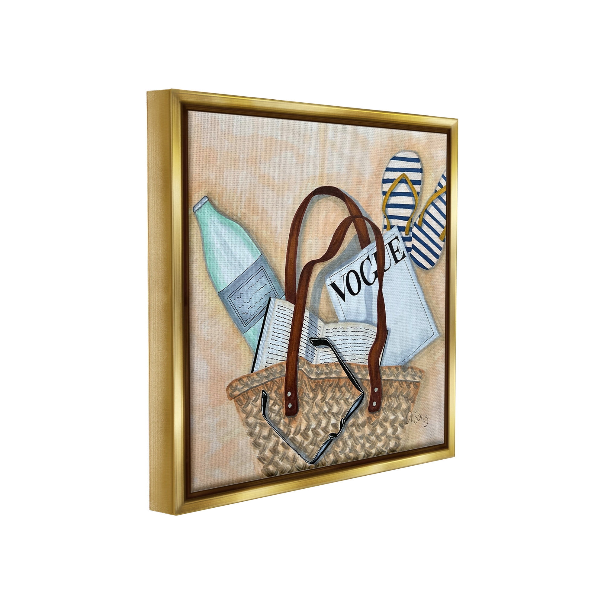 Stupell Industries Summer Beach Bag Beauty & Fashion Painting Gold Floater Framed Canvas Art Print Wall Art, 25 x 25