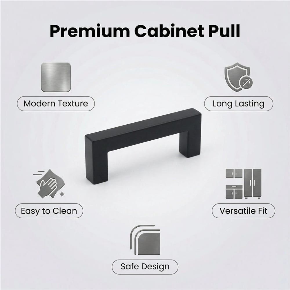 Fitviso 10 Pack 3.25 inch Center to Center Matte Black Square Cabinet Pulls