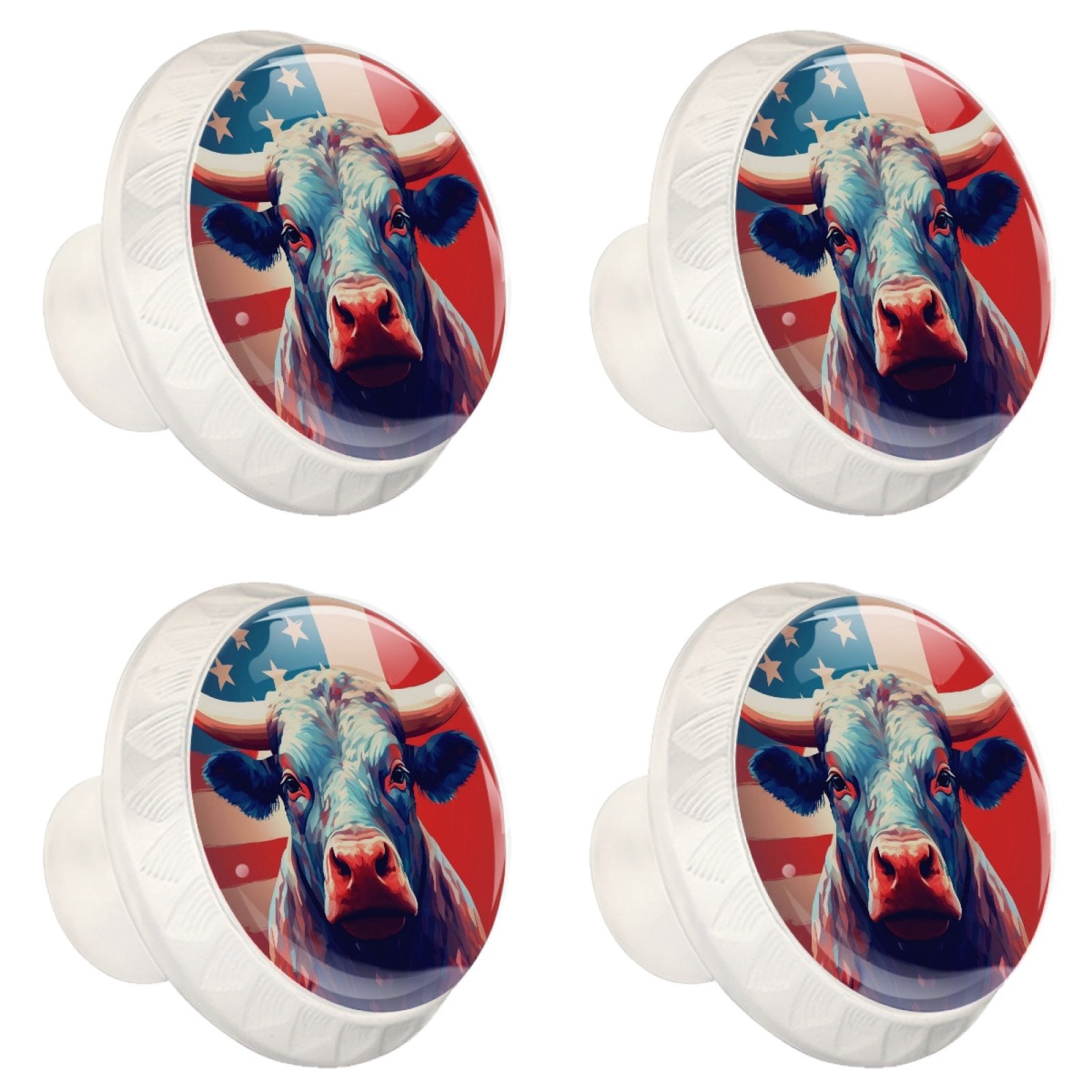 4 Pcs Cow American Flag Knobs for Kitchen Cabinet Cupboard Dresser Bookcase Drawer Pulls Handles Round Home Decor