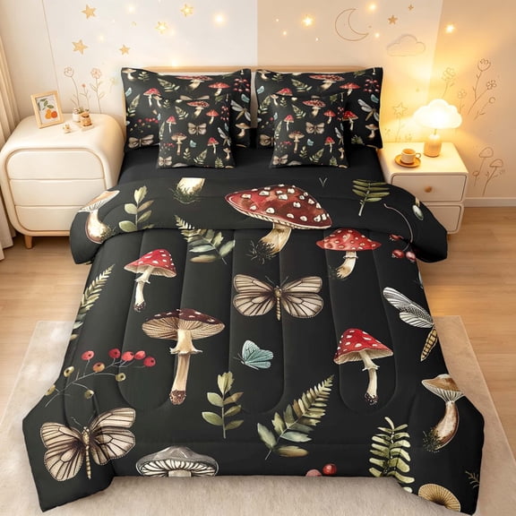 Homewish Boho Plant Mushrooms 7-Piece Twin Bedding,Floral Butterflies Dragonflies Bedding Comforter Set,Black Reversible