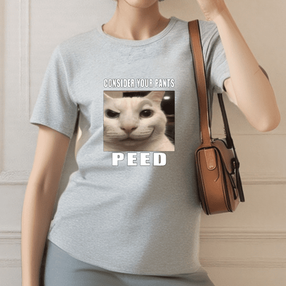 Playful Cat Meme Graphic Tee, Tops Has Centered "CONSIDER YOUR PANTS PEED" & Funny Cat Meme Design, Round Neck Regular Fit T - shirts, Size(S - 5XL)