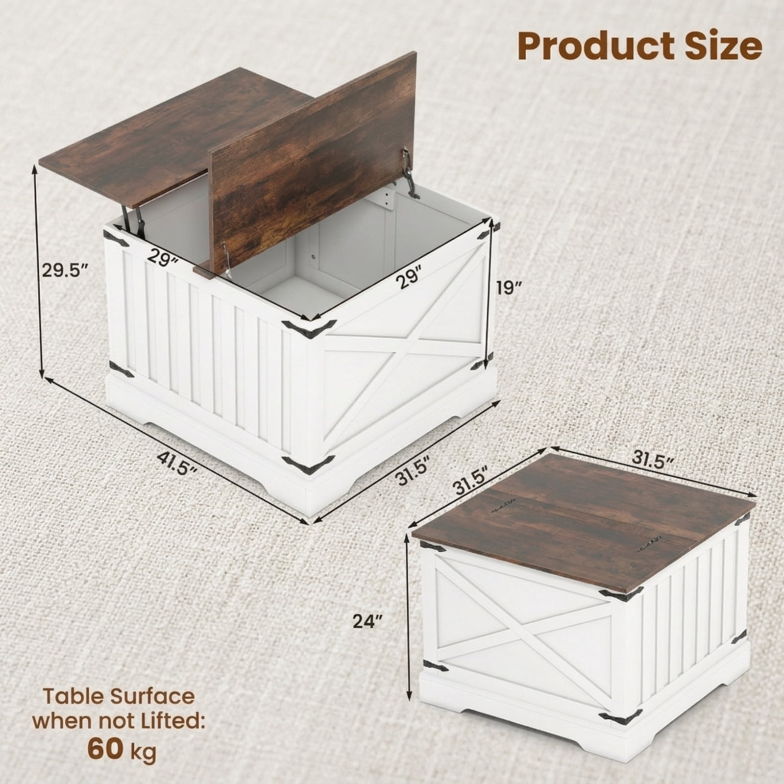 Furnibear Farmhouse Lift Top Coffee Table with Hidden Storage Compartment Hydraulic Lifter and Enlarged Base for Living Room, Rustic Brown