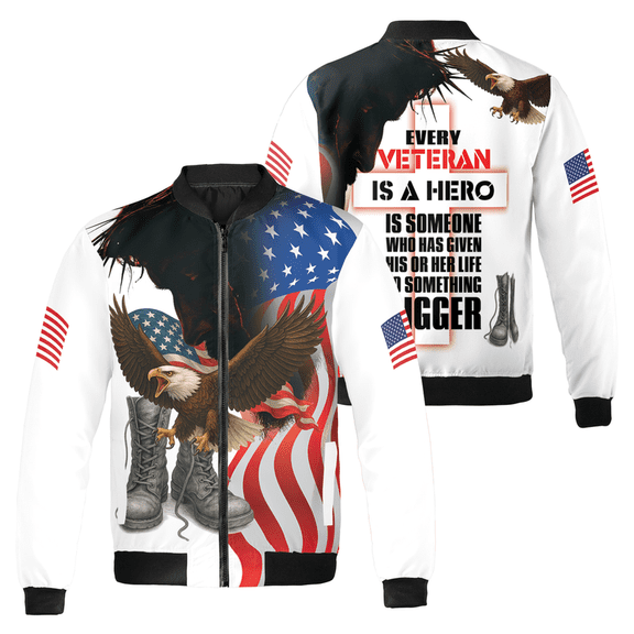 Veteran Hero Bomber Jacket – Patriotic Eagle American Flag Military Tribute – Honoring Veterans Zip Jacket – USA Army Gift for Men & Women