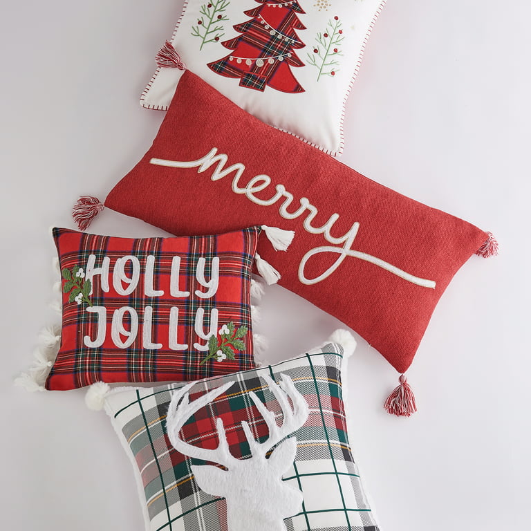 Embroidered Green Holly Christmas Pillow
