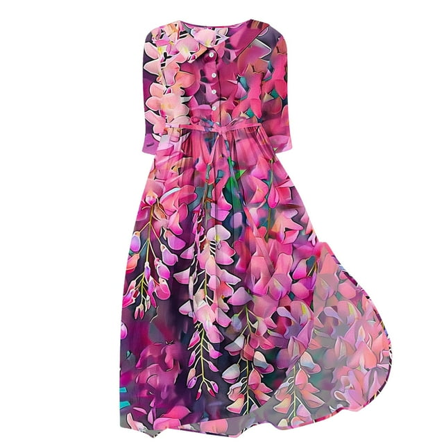 Pisexur Robes d'Automne pour Femmes 2024 Robes d'Invité de Mariage Mode Imprimé Floral Robe Maxi Décontractée Fluide Manches Courtes Col en V Bouton Robe de Retour Tunique à Cordon Robe Cocktail Grande Taille P-4TG