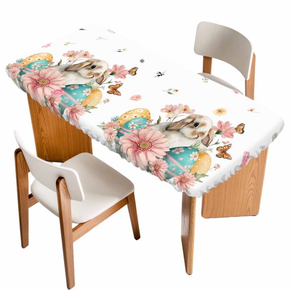 Easter Rabbit Eggs Table Cloths for 5 Foot Rectangle Tables, Spring Pink Daisy Flowers Butterfly Pastoral Patio Waterproof Elastic Fitted Tablecloths, Washable Rectangular Table Cover for Camping
