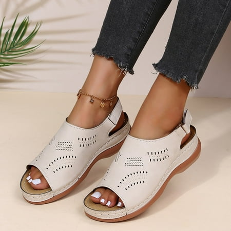 

NECHOLOGY Comfortable Wedge Sandals for Women Round Vintage Hook&Loop Solid Wedge Cute Womens Summer Sandals Size 12 Beige 9