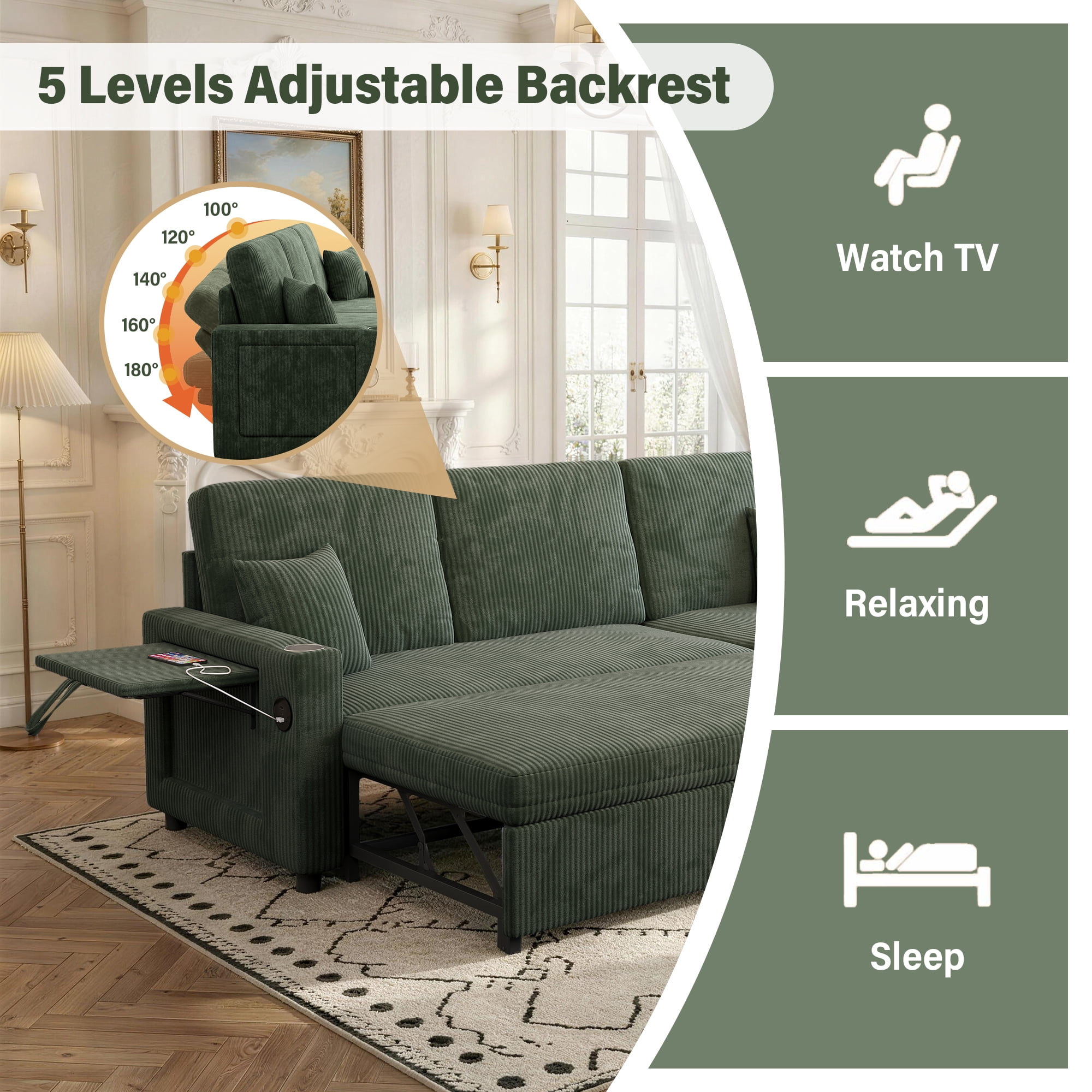 Aukfa 83" L-Shaped Sleeper Sleeper Sofa with Storage Chaise & Rotating Side Table, L-Shaped Corduroy Convertible Couch with USB/Type-C Ports,Green